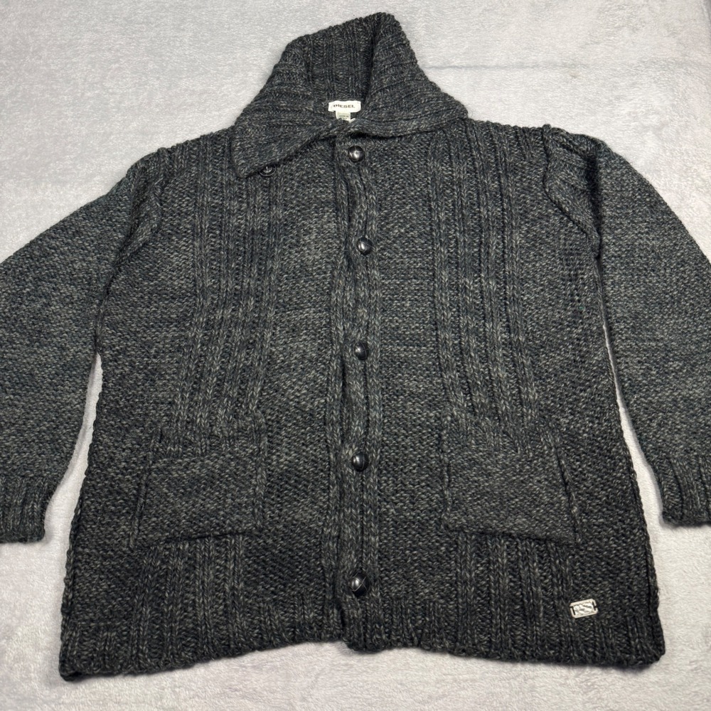 Diesel XL Cardigan Sweater Mens Grey Alpaca Wool Blend Chunky Knit Made in Italy